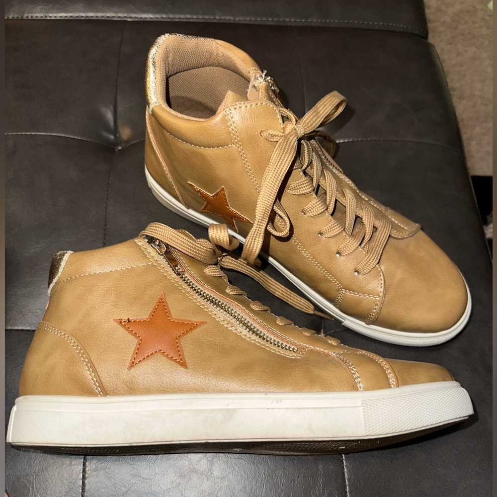 Women’s Tan High-Top Sneakers with Star Detail